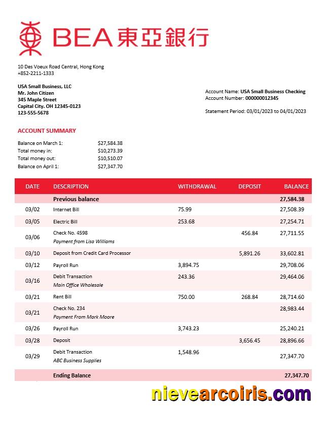 Bank of East Asia firm account statement
